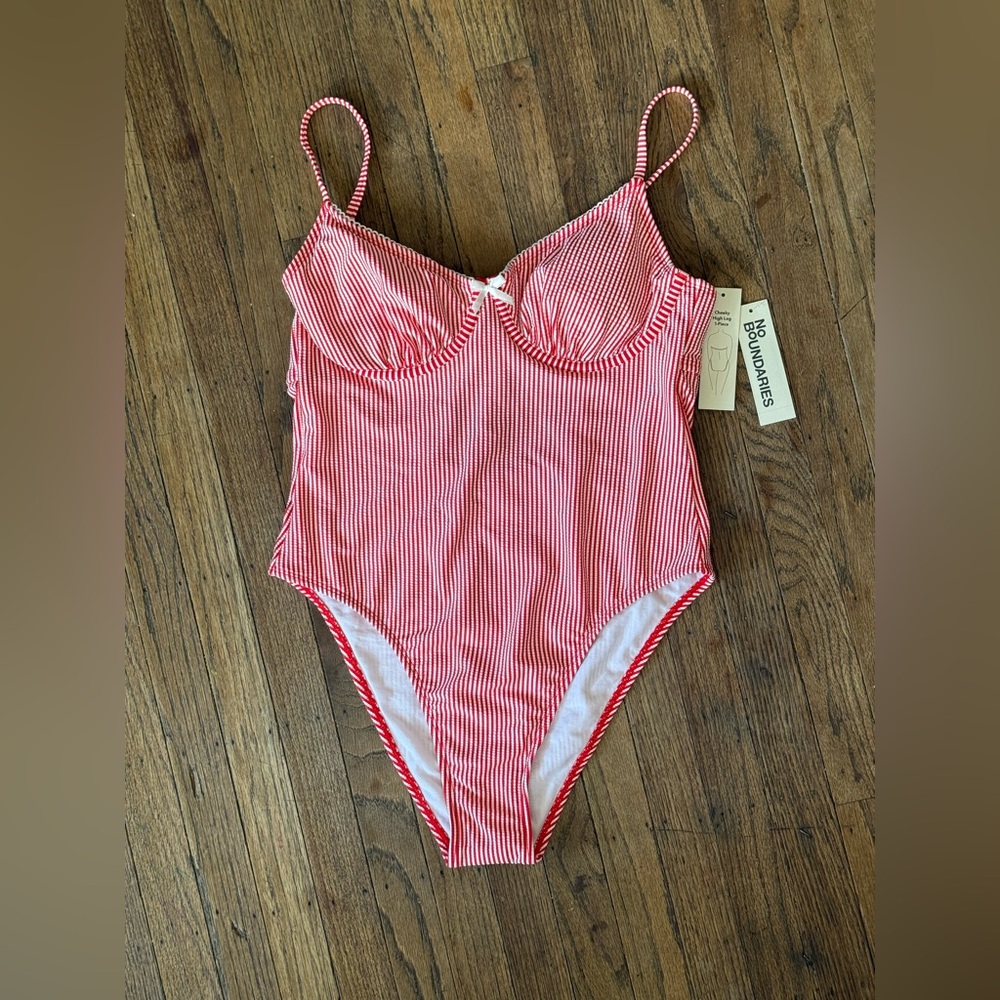 No Boundaries Women’s Red & White Striped One Piece Swimsuit